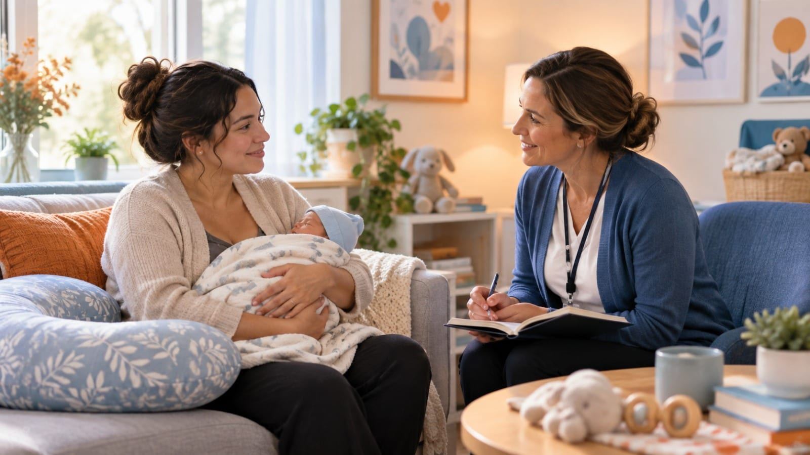 Conselheira de aleitamento materno a apoiar uma mãe com o bebé recém-nascido ao colo