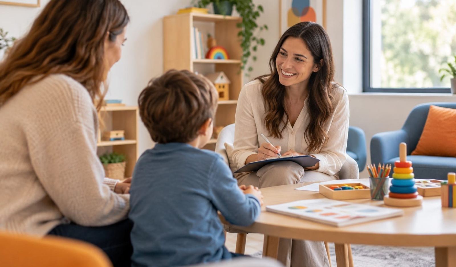 Terapeuta a conversar com uma mãe e o filho numa primeira avaliação na SOMA